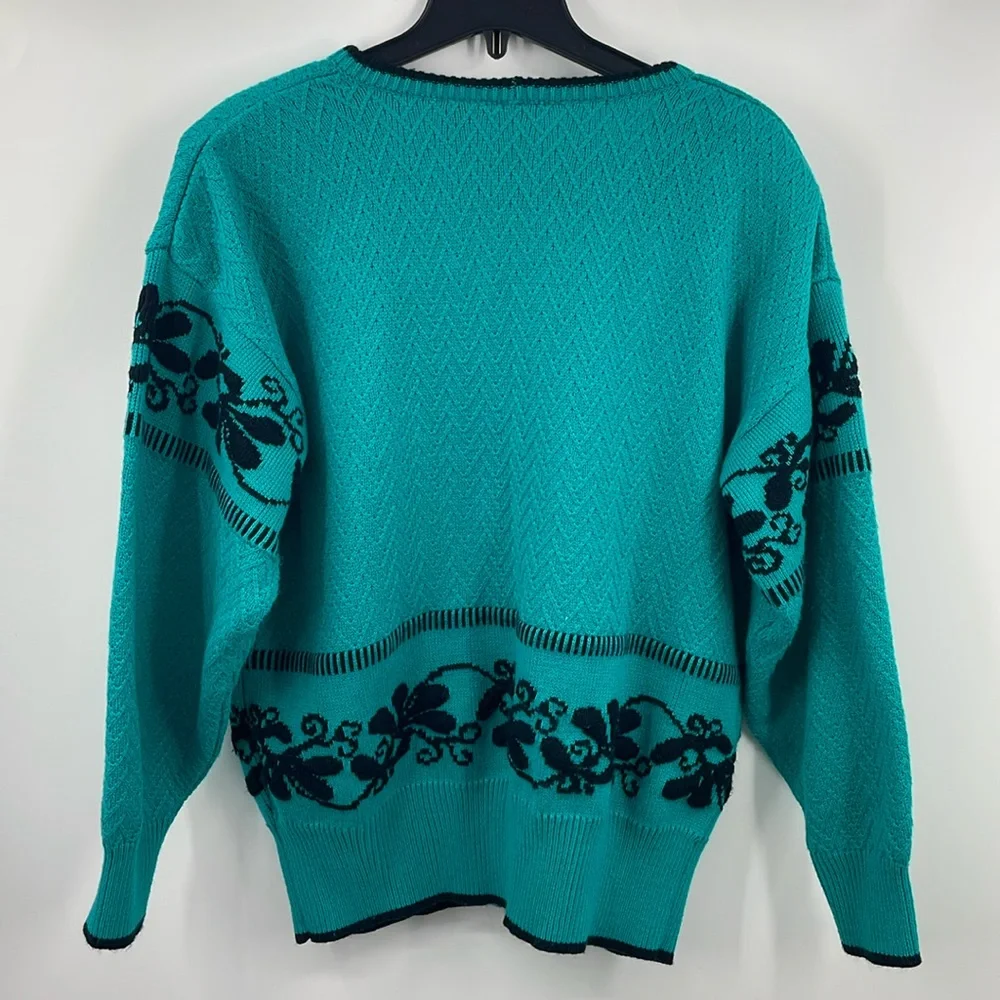 Vintage 90s Jason Maxwell Cardigan Teal Black Made in Hong Kong Size Large